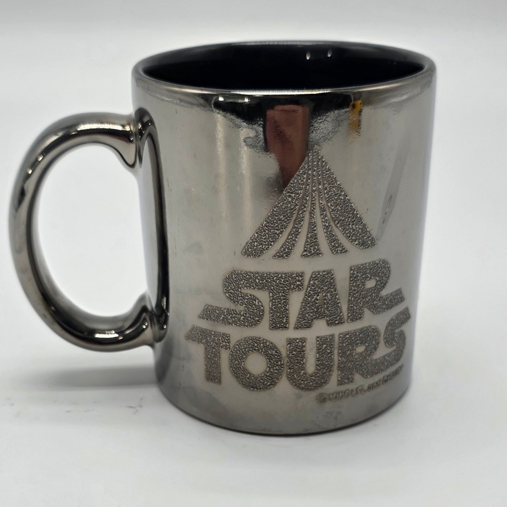 Vintage Star Tours Disney Parks Metallic Silver Chrome Coffee Mug Star Wars 1986